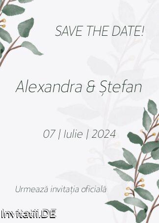 Save the date, anunt casatorie, frunze, crengute, verde