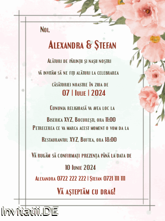 Invitatie nunta, animata, flori, roz, alb